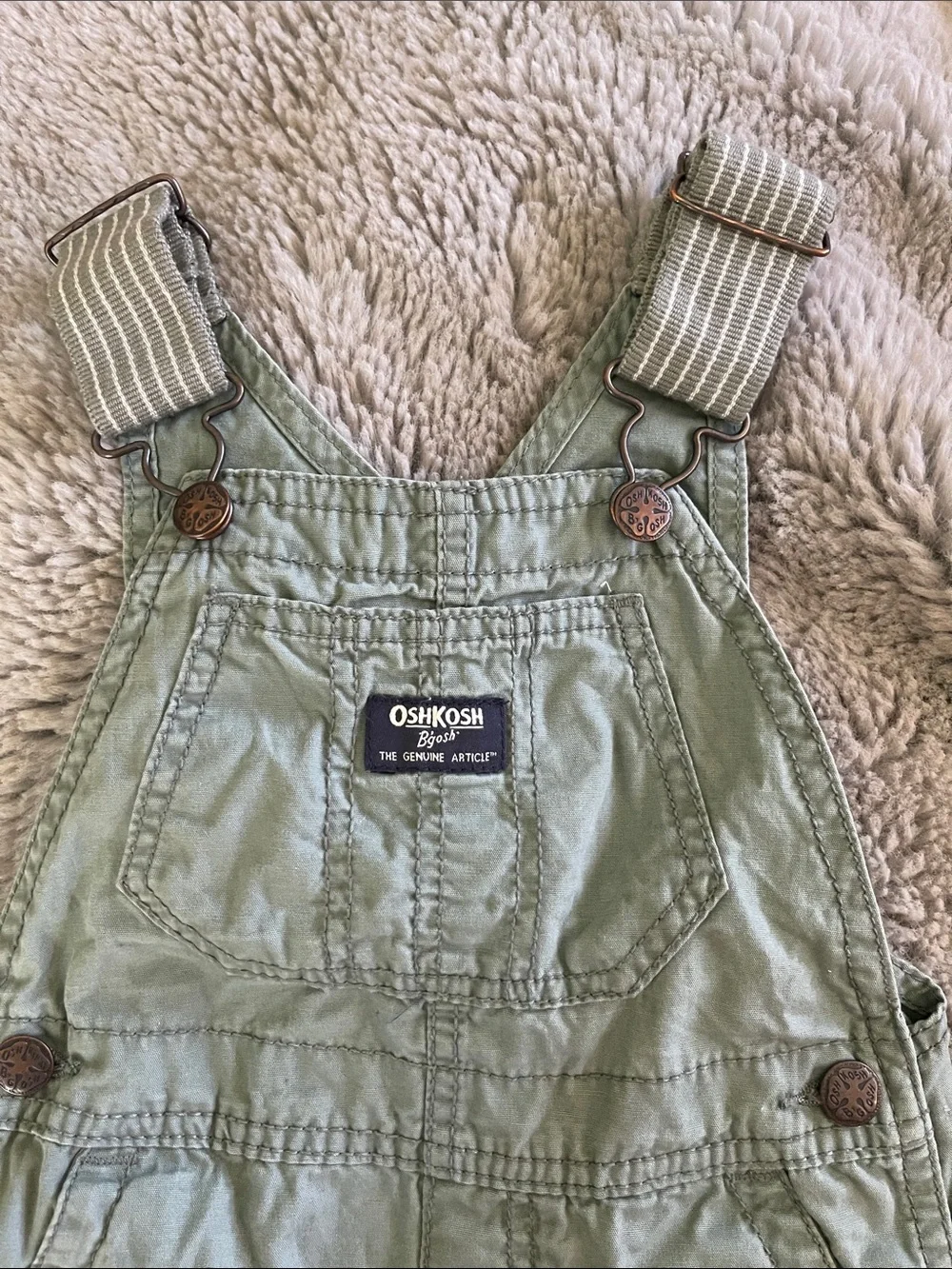 OshKosh B'gosh Sage Green Short Overalls with Striped Straps